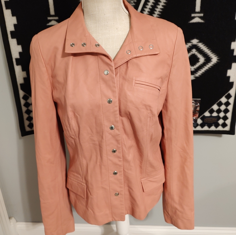 🩷 GUC Piazza Sempione Genuine Italian Leather Button Front Blazer, Pink, 46/M